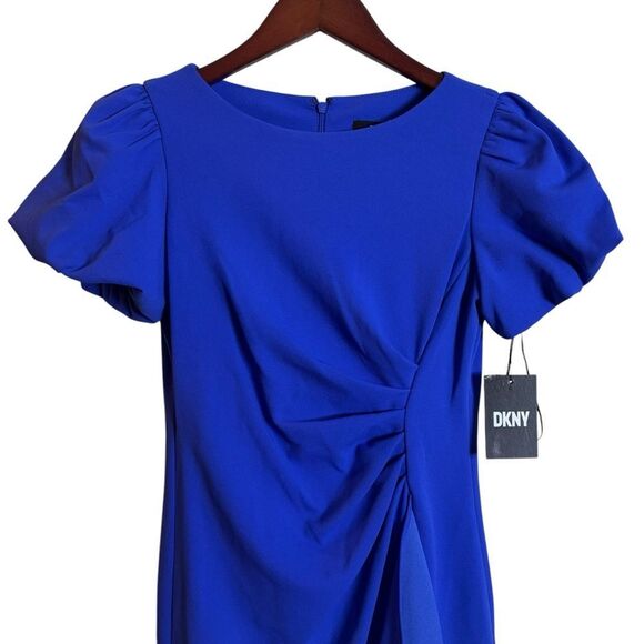 DKNY Ruched Bubble Sleeve Mini Sheath Boatneck Dress Size 4P Cobalt Blue NEW - Picture 5 of 16